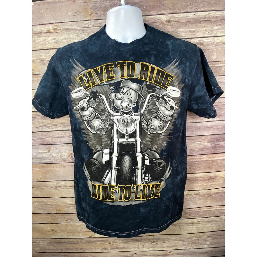 Popeye, live to ride, ride to live. Blue tie dye shirt size small.
